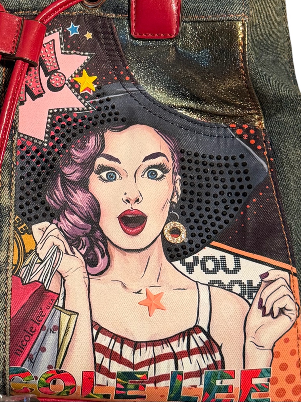 Nicole Lee Pre-Loved Fun Denim Retro Bling Pop-Art Tote with Red Handles (P248) - Picture 4 of 12